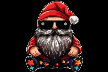 Tuinposter  a cartoon santa claus sitting on a skateboard wearing sunglasses and a santa hat with stars on the bottom of it. © Shanti