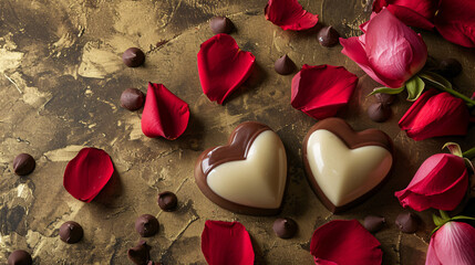 Heart shaped chocolate and red rose background, Valentine day promotion offer concept.