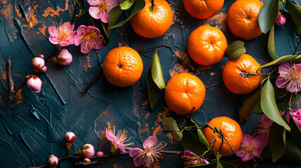 Plum blossoms flower and mandarin orange symbol of prosperity, lunar new year dark backdrop , Chinese new year background. - obrazy, fototapety, plakaty