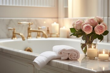 Obraz na płótnie Canvas a vase filled with pink roses sitting on top of a counter next to a bath tub filled with candles and towels.
