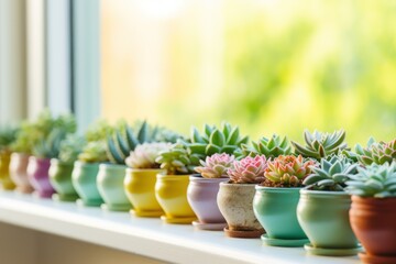  a row of potted succulents sitting on a window sill in front of a sunny window.