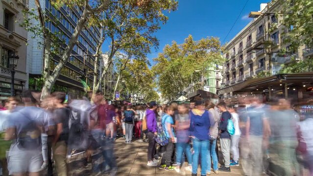 Timelapse Hyperlapse of the Iconic La Rambla Street in Barcelona, Spain. Thousands of Daily Strollers Contribute to the Dynamic Tapestry of this Popular Pedestrian Area