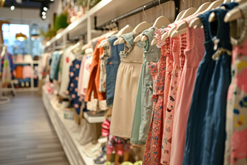 A modern children's clothing store offering a variety of bright and stylish clothes for babies and children.