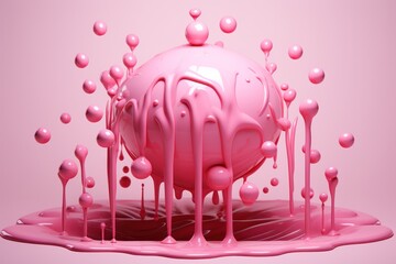 a pink ball of liquid on a pink surface with drops of pink liquid coming out of the top of it.