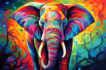  a painting of an elephant with bright colors on it's face and tusks, with trees in the background.