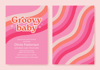 Groovy baby shower 70s invitation with colorful stripes in retro style. Pink card template for girls. Vector illustration - obrazy, fototapety, plakaty
