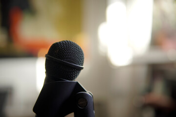 black microphone for singing and copy space