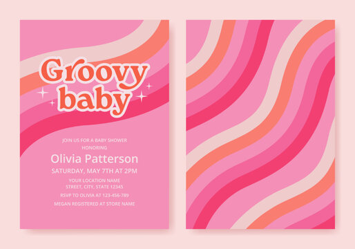 Groovy baby shower 70s invitation with colorful stripes in retro style. Pink card template for girls. Vector illustration