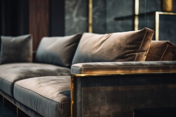  a close up of a couch in a room with a black wall and a gold framed mirror on the wall.