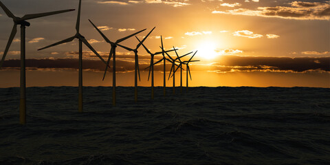 Offshore power generation, wind turnines in the sea. Silhouette of wind turbines. Sky with clouds...