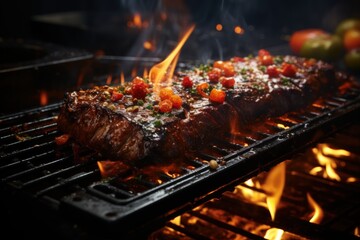  a close up of a steak on a grill with a lot of flames and tomatoes on the side of it.