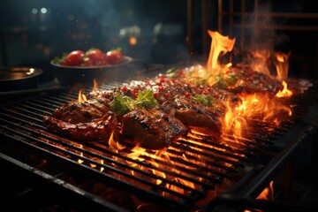  a close up of a grill with hot dogs and hotdogs cooking on it's side and a plate of food on the other side. - obrazy, fototapety, plakaty
