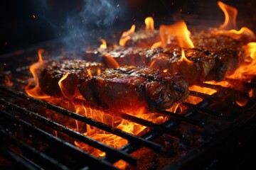  a close up of steaks cooking on a bbq grill with flames and smoke coming out of the grill.