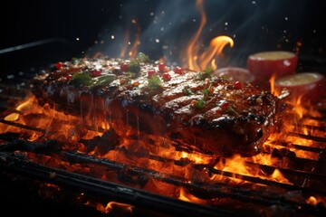  a close up of a steak on a grill with flames and a cup of tea on the side of the grill.