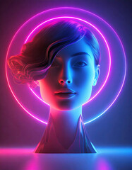 Beautiful woman face, geometric lines and neon color background , generated by AI