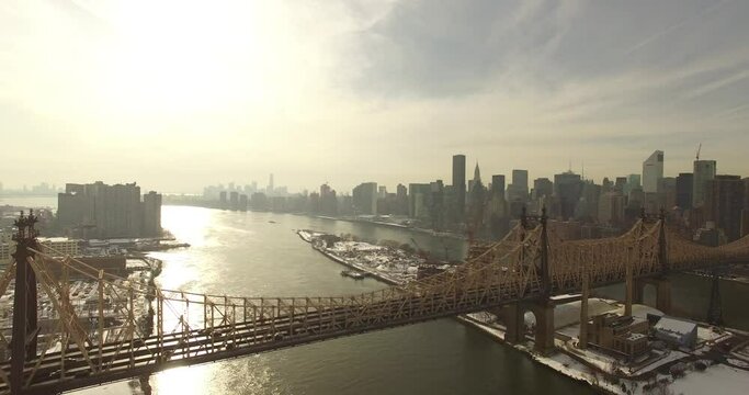 NYC Drone fly by Queesnbridge Manhattan skyline