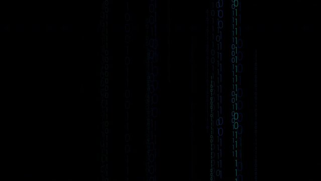 Cyberspace future technology digital network binary matrix digital bits 0 1 code rain grid dot line on black background.