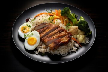  a plate of food with meat, rice, broccoli, carrots, and an egg on it.