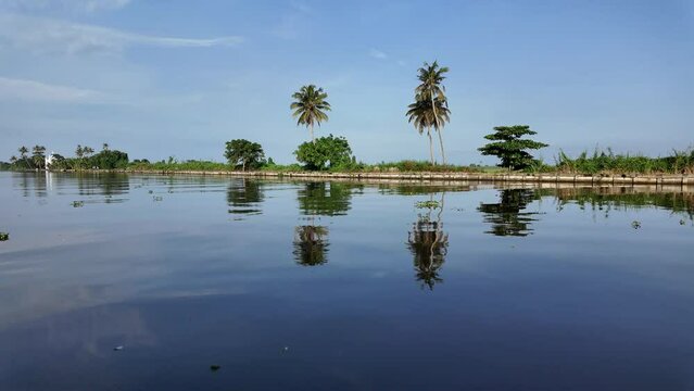 Morning Landscape from Alleppey backwaters with coconut tree and reflection in water,Kerala