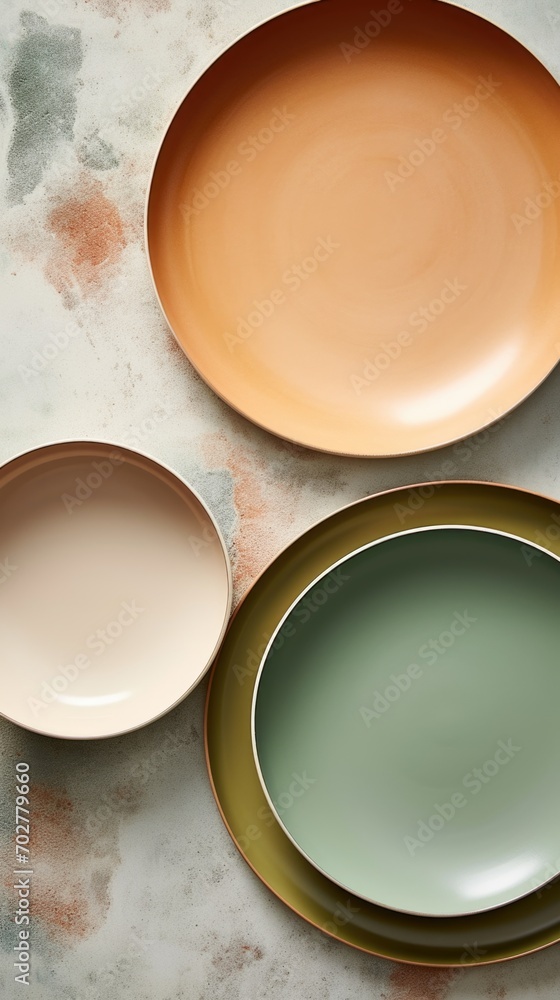 Poster a table topped with three different colored plates.