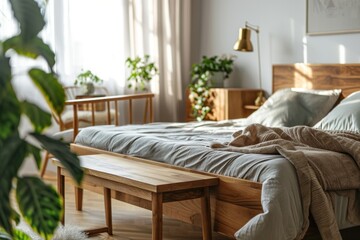 Modern and bright bedroom with white and wooden furniture, stylish decor and a cozy atmosphere.