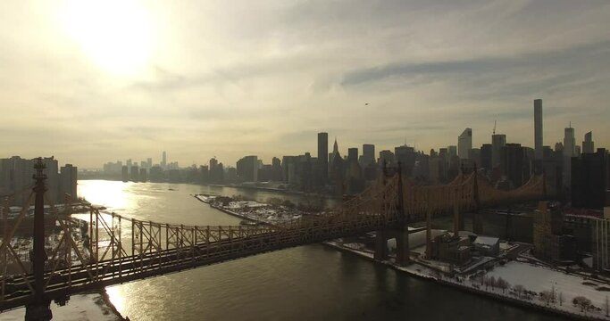 NYC Drone fly by Queesnbridge Manhattan skyline