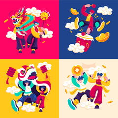 Flat cartoon Chinese new year illustration set