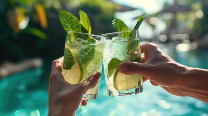 two hands greet each other, clicking and touching with refreshing mojito cocktails. Friends toasts, congratulations. Travel, vacation and vacation concept