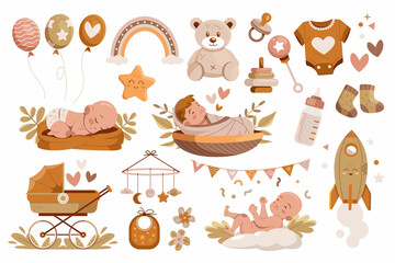 Hand drawn flat baby shower elements collection with babys and toys