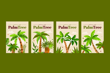 Fototapeta premium Hand drawn flat palm tree cards collection with tropical palm trees on sunny sky
