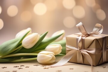  a bouquet of tulips and a gift wrapped in a brown paper with a ribbon and a bow on a table.
