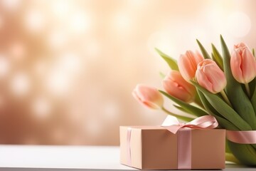  a bouquet of pink tulips in a vase with a pink ribbon and a gift box on a table.