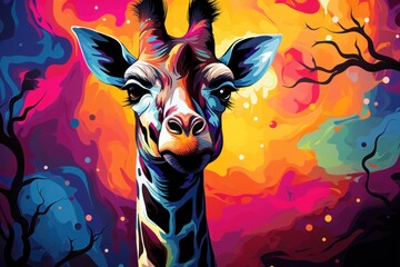  a painting of a giraffe's face in front of a background of trees and a colorful sky.
