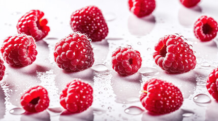 fresh sweet red raspberries arranged together representing concept of healthy diet covered with water droplets placed on white textured surface