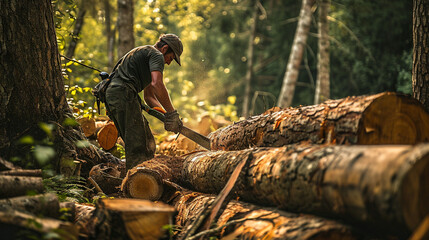 man with chainsaw cutting wood