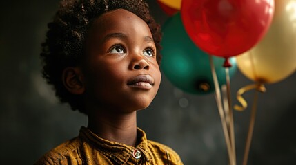 cute african boy with red, green and yellow balloons on black background. Panafrican color. Black history month - obrazy, fototapety, plakaty