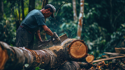 worker cutting wood with chainsaw - obrazy, fototapety, plakaty
