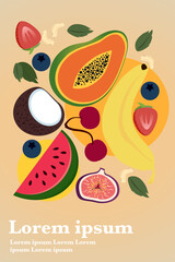 Vector minimalistic set of fruits. Vegan or vegetarian healthy life theme trendy Matisse style. Modern design for posters, cards, cover, t shirt, advertising 