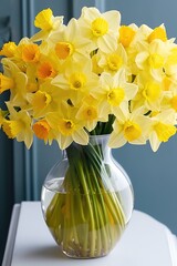 A vase filled with yellow flowers on top of a table. Spring daffodils flowers wallpaper