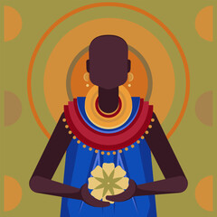 Abstract image of a girl in Kenyan national costume holding a flower. Postcard with an African girl in a bright outfit on a geometric background