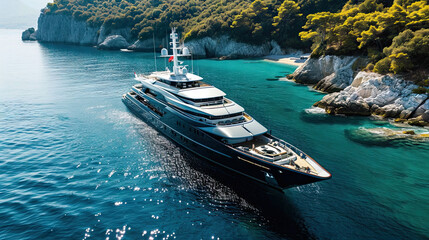 grand yacht de luxe en mer près des côtes - obrazy, fototapety, plakaty