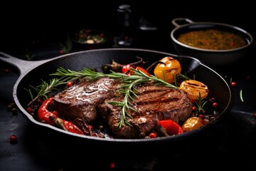  a steak in a frying pan with a side of vegetables and a bowl of soup on the side of the table.