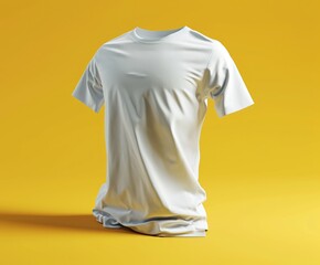 White t-shirt isolated on a yellow background. Mockup blank sportswear front view.