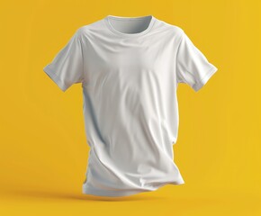 White t-shirt isolated on a yellow background. Mockup blank sportswear front view.