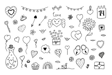 Large set of doodle illustrations for Valentine's Day. Various hearts, garlands, kisses for decorating postcards and posters for Valentine's Day. Hand-drawn black and white drawings.