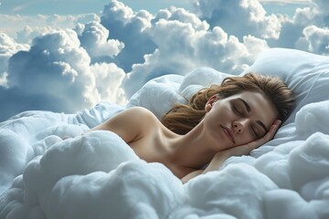 A young woman sleeps on a bed as soft as clouds in an airy and fluffy blanket. The girl smiles blissfully, experiencing the peace and pleasure of rest.