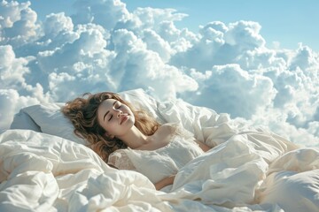 A young woman sleeps on a bed as soft as clouds in an airy and fluffy blanket. The girl smiles blissfully, experiencing the peace and pleasure of rest. - obrazy, fototapety, plakaty