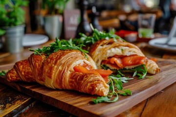 Sandwich croissant with appetizing red fish fillet filling on the table at a barbecue restaurant. Rustic baked goods in a homemade style.