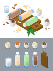Isometric vegan milk icons with illustration of different types of organic milk