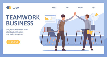 Hand drawn teamwork landing page template with business men working together at the office and shaking hands